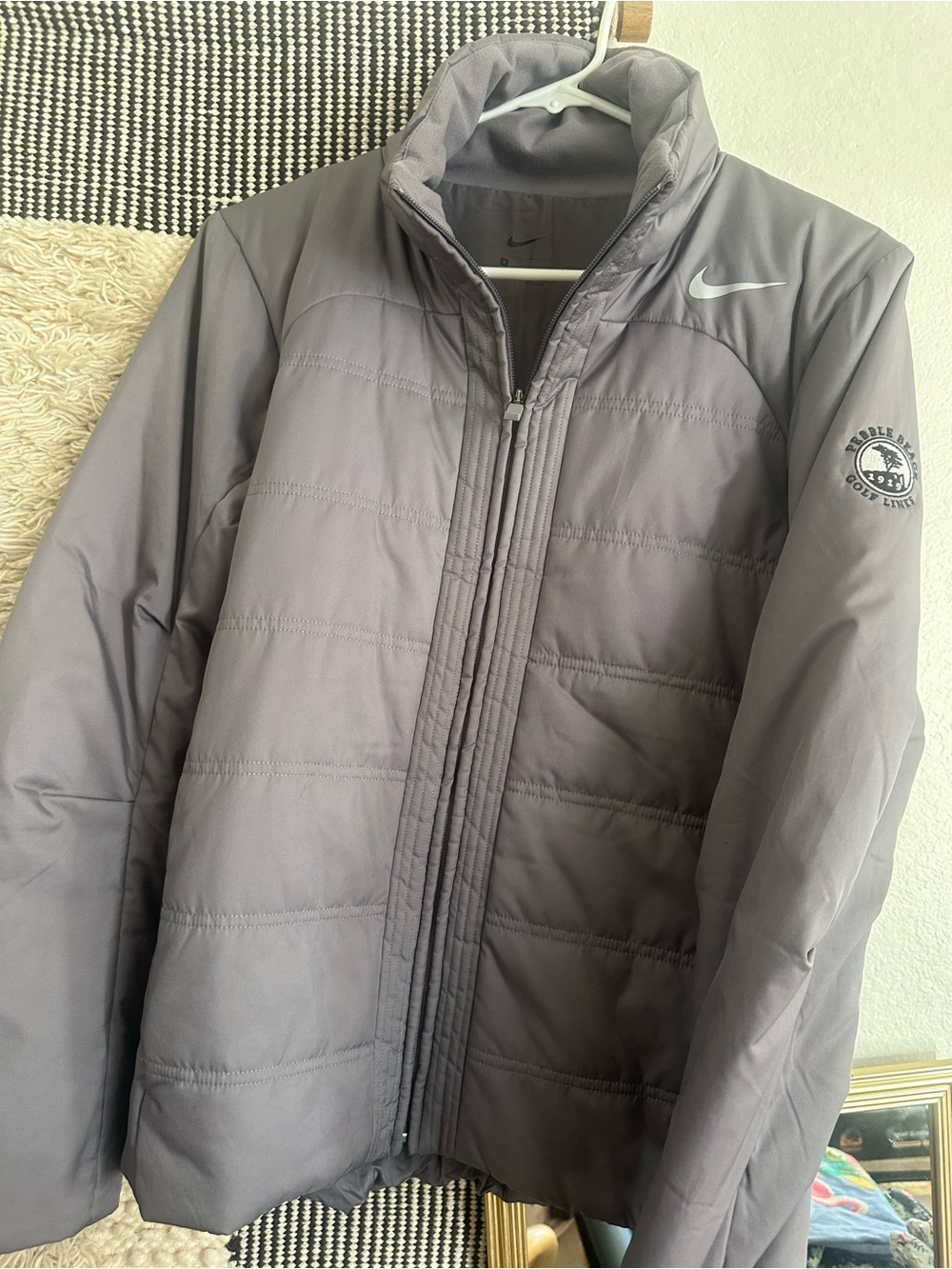 Nike women’s Gray Quilted Puffer Jacket with Swoosh- pebble beach